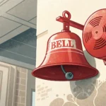 Illustration of a red fire alarm bell against a Korean patterned wall, representing learning Korean...