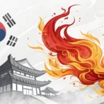 Stylized image of a vibrant fire symbolizing learning how to use fire and cook in Korean.