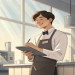 Friendly Korean waiter attentively taking an order with a notepad in a Korean restaurant, illustrati...