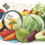 Illustration symbolizing Korean food traceability, showing a magnifying glass examining fresh Korean...