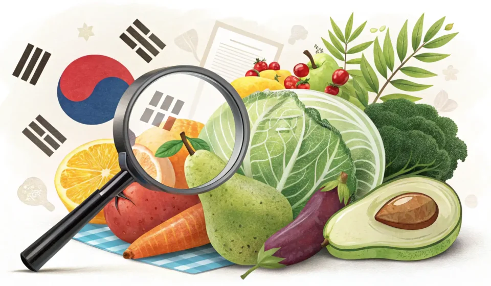 Illustration symbolizing Korean food traceability, showing a magnifying glass examining fresh Korean...