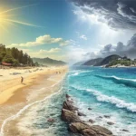 Split illustration contrasting a sunny Korean beach with a forgotten cooler left behind in a Korean...