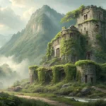 Atmospheric image of misty Korean mountainside revealing ancient, overgrown castle ruins, symbolizin...