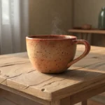 A slightly imperfect, handmade ceramic cup sits on a wooden surface, symbolizing a relatable DIY fai...