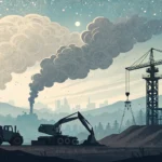 Illustration depicting dust rising from a construction area in front of a hazy Korean city skyline,...
