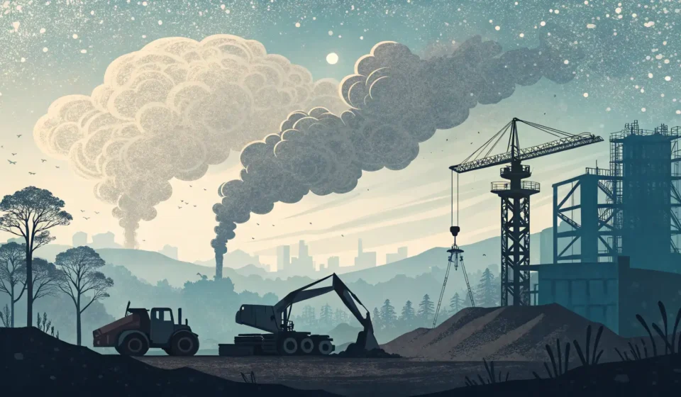 Illustration depicting dust rising from a construction area in front of a hazy Korean city skyline,...
