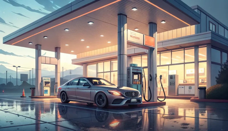Illustration of a car refueling at a Korean gas station, representing learning essential Korean phra...