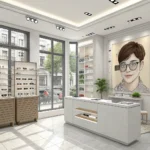 Interior view of a modern Korean optician's shop showing shelves neatly displaying various styles of...