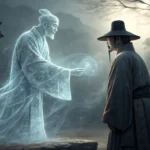 Illustration depicting a translucent Korean ghost sculptor figure gesturing towards a solid Korean m...