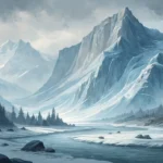 Stylized illustration of a skier looking up at a massive glacier under moonlight, symbolizing a comp...