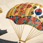 Stylized golden parachute featuring Korean traditional patterns floating above a blurred Seoul skyli...