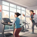 A person asking a trainer how to use equipment in a modern Korean gym, illustrating learning Korean...