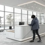 Illustration depicting someone registering at a modern Korean gym reception desk, symbolizing learni...