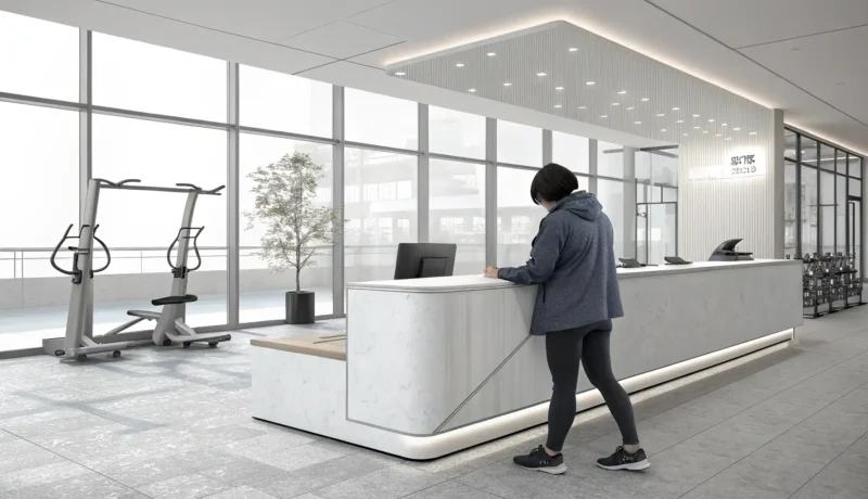 Illustration depicting someone registering at a modern Korean gym reception desk, symbolizing learni...