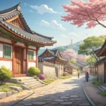 A charming street view of a traditional Korean Hanok Village with distinctive tiled roofs, represent...