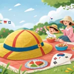 A child's colorful sun hat sits on a picnic blanket with kimbap under bright sunshine, symbolizing l...