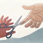 Illustration showing two different-sized hands reaching for one pair of headphones on a table, repre...