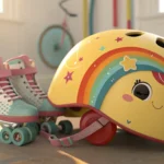 Child's helmet and skates on pavement, representing the Korean learning topic of discussing safety r...
