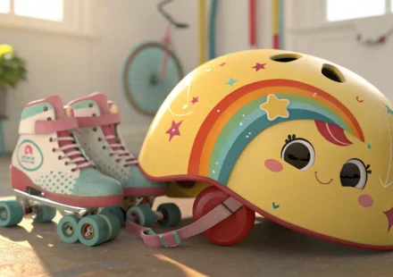 Child's helmet and skates on pavement, representing the Korean learning topic of discussing safety r...