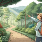 A tourist asking a local Korean for directions to a hidden forest trail amidst beautiful Korean scen...