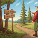 A hiker consults a park ranger near a trail signpost against a backdrop of a stunning mountain sunse...