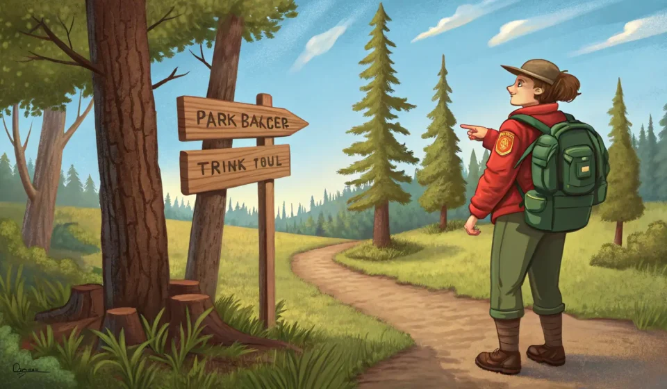 A hiker consults a park ranger near a trail signpost against a backdrop of a stunning mountain sunse...