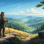 Hiker enjoying a scenic view of a lush Korean mountain valley from a trail, symbolizing learning Kor...