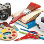 Vibrant illustration depicting various hobby items (paintbrush, camera, book, soccer ball) symbolizi...