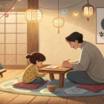A Korean parent and child sitting at a table with notebooks, calmly discussing homework rules in a c...