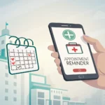 Illustration symbolizing making a hospital appointment in Korea, showing a phone, calendar, and hosp...
