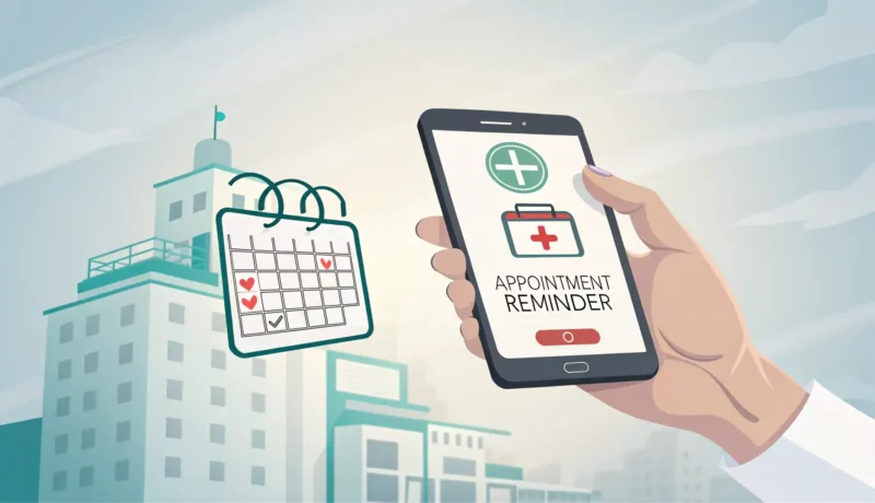 Illustration symbolizing making a hospital appointment in Korea, showing a phone, calendar, and hosp...