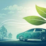 Stylized graphic combining a modern car silhouette and a green leaf, set against a blurred futuristi...