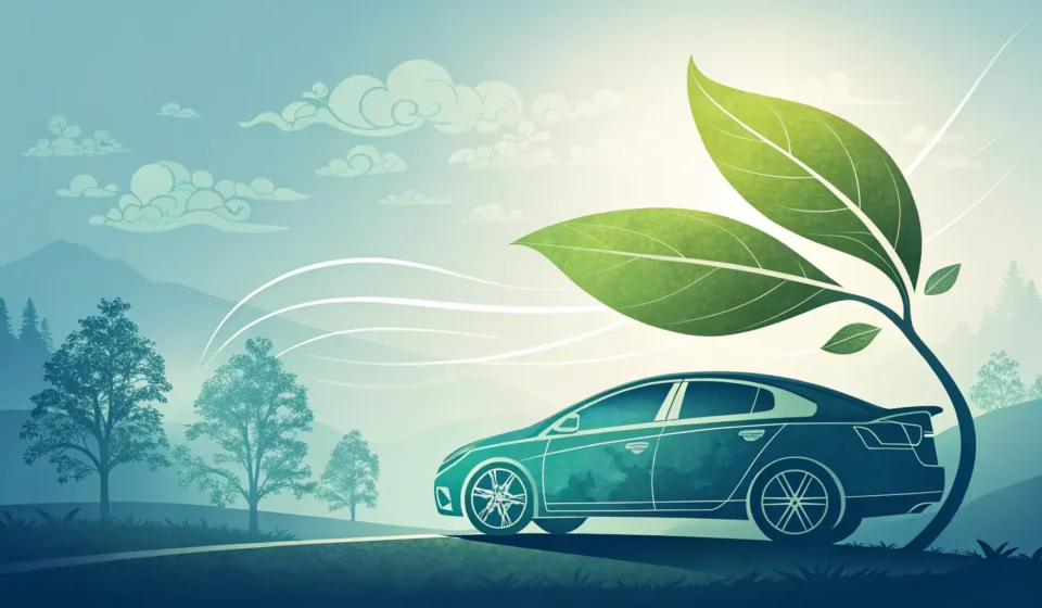 Stylized graphic combining a modern car silhouette and a green leaf, set against a blurred futuristi...