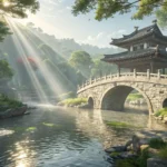 A tranquil Korean river scene with an old stone bridge and fish swimming freely in sunlit water, rep...