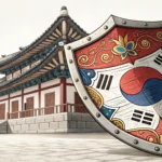 Stylized shield with Korean traditional patterns glowing, representing immunity and protection for a...