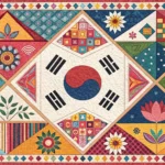 A colorful Korean Jogakbo patchwork quilt, symbolizing the concept of inclusivity (포용성) taught in th...