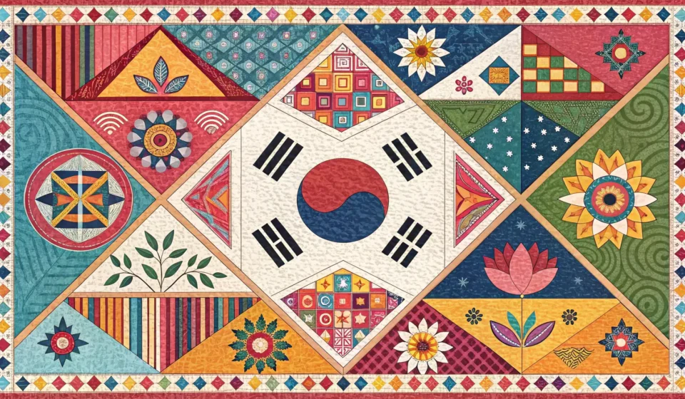 A colorful Korean Jogakbo patchwork quilt, symbolizing the concept of inclusivity (포용성) taught in th...