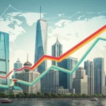 Illustration of an upward stock graph line over Seoul's Namsan Tower, symbolizing learning about Kor...