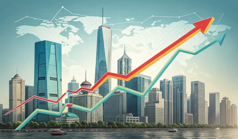 Illustration of an upward stock graph line over Seoul's Namsan Tower, symbolizing learning about Kor...