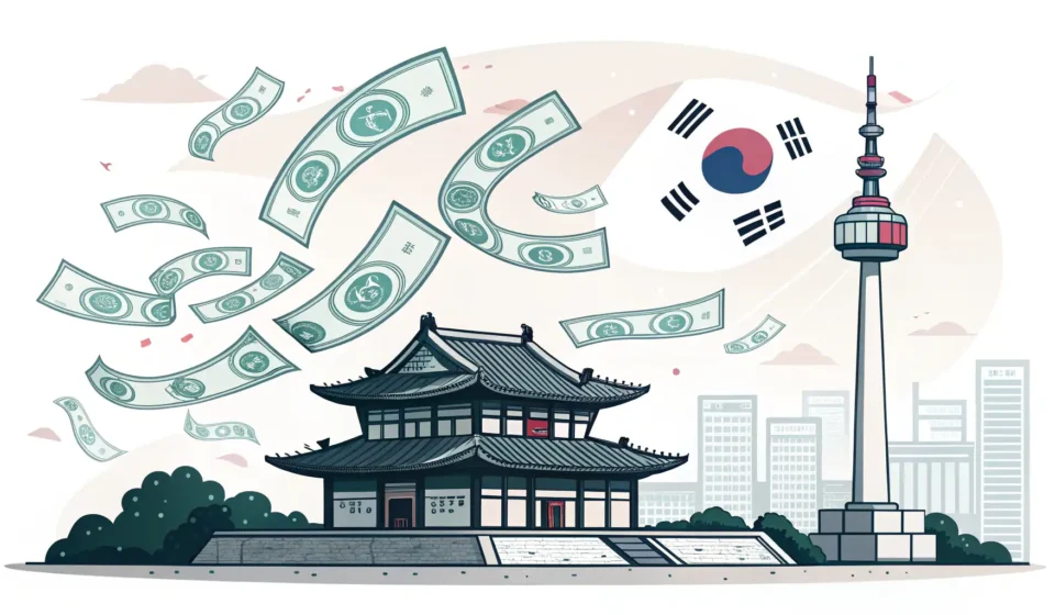 Illustration symbolizing international money transfer from Korea, showing Korean Won notes moving fr...