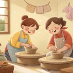 Illustration of two friends enjoying a pottery workshop, symbolizing learning Korean phrases to invi...