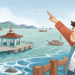 Illustration showing a tourist asking a Korean local for directions to a scenic jetty overlooking th...
