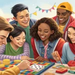Illustration depicting a diverse group of cheerful young adults participating together in a hobby cl...