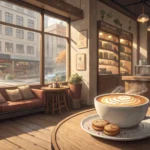 A warm latte rests on a table inside a cozy Korean cafe, with a view of snow falling heavily outside...