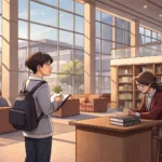 Student interacting with a librarian in a Korean library setting, symbolizing asking for help findin...