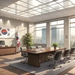 A single pen resting on a polished table in a modern Korean office conference room, illustrating the...