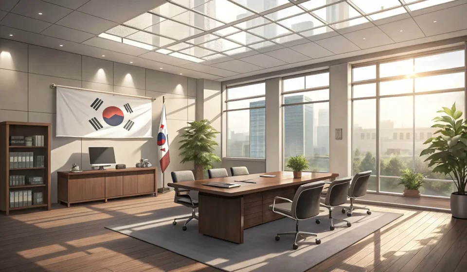 A single pen resting on a polished table in a modern Korean office conference room, illustrating the...