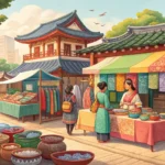 Close-up of traditional Korean crafts, including pottery and fans, displayed on a stall at a bustlin...