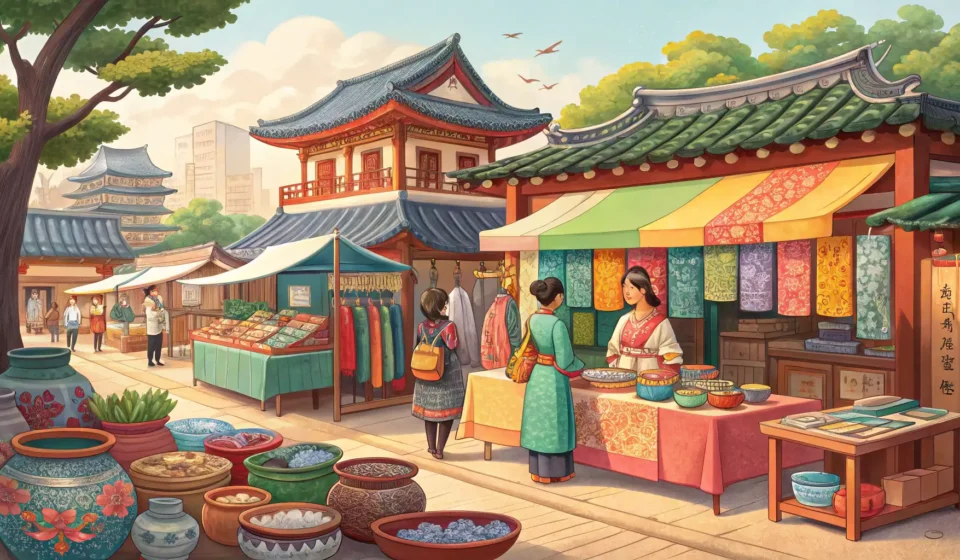 Close-up of traditional Korean crafts, including pottery and fans, displayed on a stall at a bustlin...