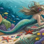 Illustration of a mermaid sculptor gesturing towards living coral in a sunlit tide pool, representin...